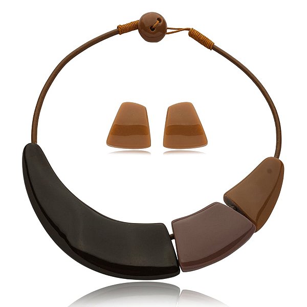 Colar e brinco Márcia Pouso resina tons terrosos
