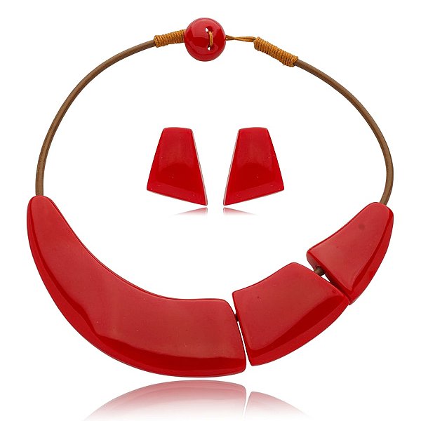 Colar e brinco Márcia Pouso resina vermelho