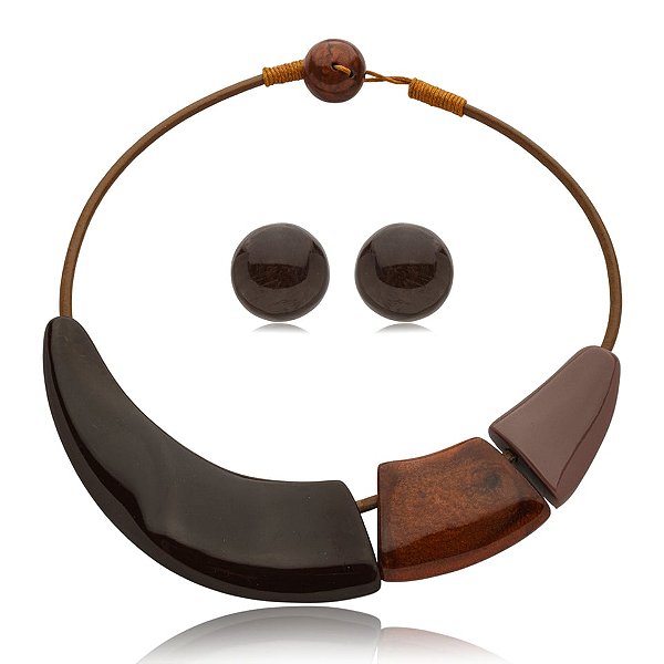 Colar e brinco Márcia Pouso resina tons terrosos