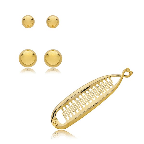 Kit brincos e presilha banana metal dourado
