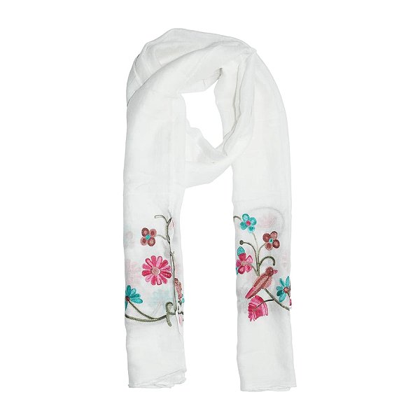 Lenço echarpe bordado floral off white