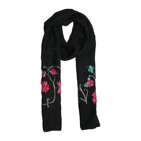 Lenço echarpe bordado floral preto