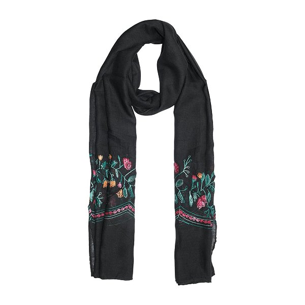 Lenço echarpe bordado floral preto