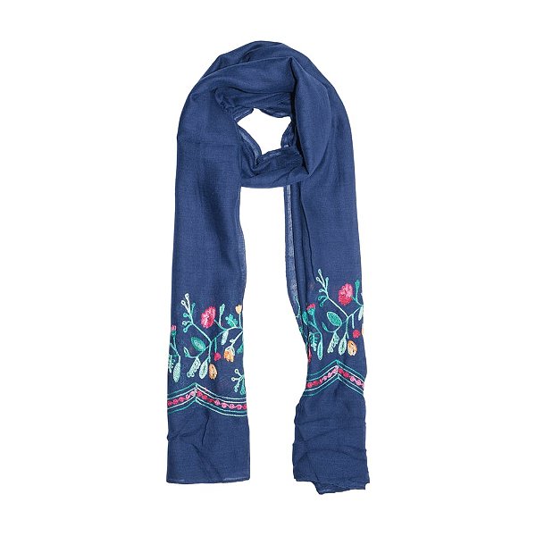 Lenço echarpe bordado floral azul marinho