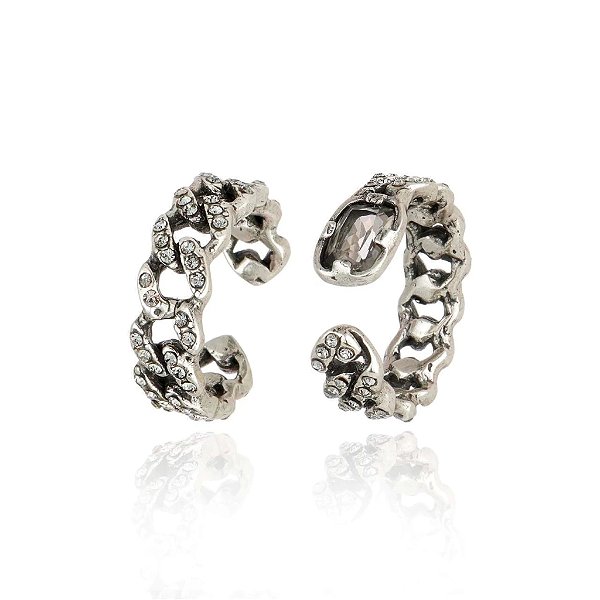 Kit anéis ajustáveis Claudia Arbex corrente cristais prata vintage