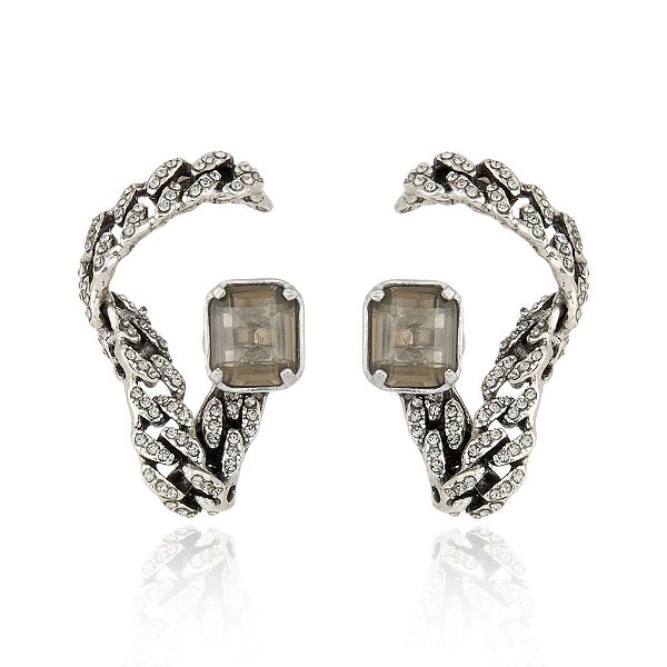 Brinco ear jacket Claudia Arbex corrente cristais prata vintage
