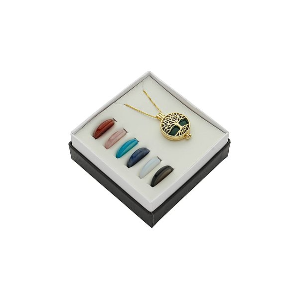 Colar cápsula árvore da vida 7 pedras naturais ouro semijoia