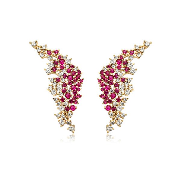 Brinco asas zircônias pink ouro semijoia