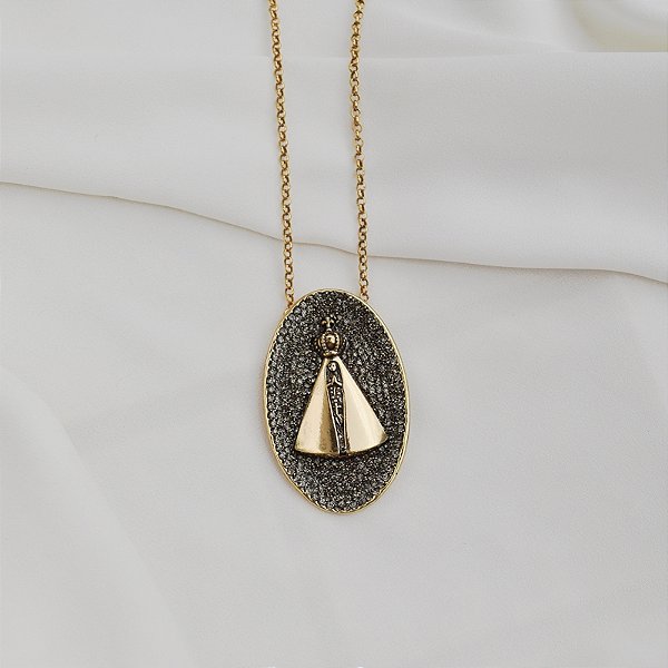 Colar Nino Bran Nossa Senhora Aparecida cristal swarovski ouro vintage semijoia