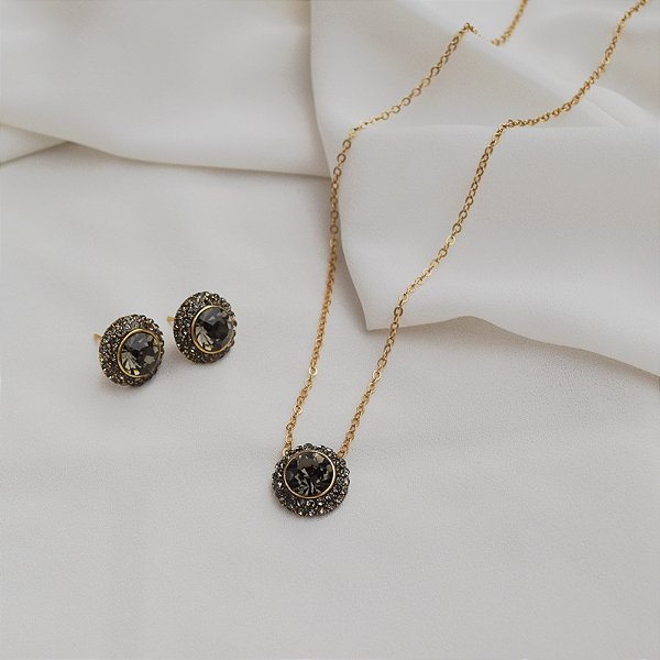 Colar e brinco Nino Bran redondo cristal swarovski ouro vintage semijoia