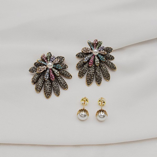 Kit 2 brincos Nino Bran flor pérola zircônias coloridas ouro vintage