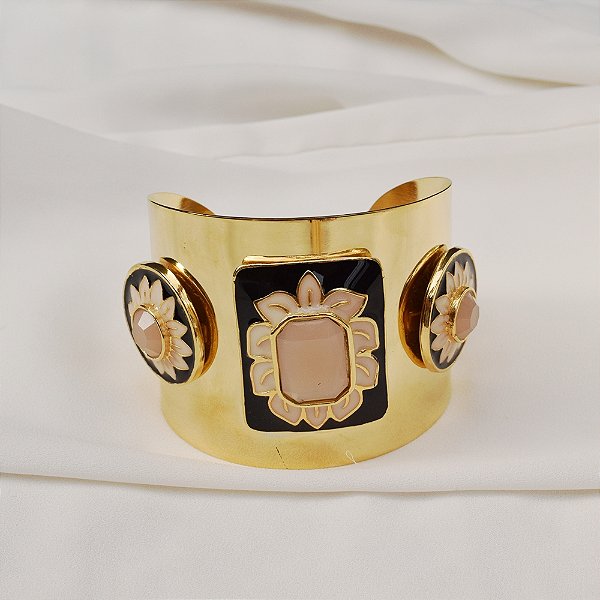 Bracelete Rosana Bernardes flores esmaltadas preto ouro semijoia