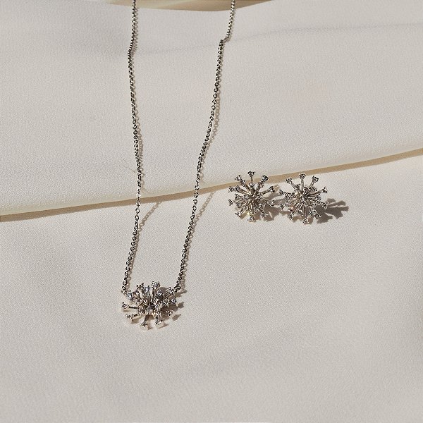 Colar e brinco chuveirinho zircônias ródio semijoia