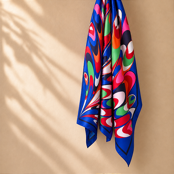 Lenço Quadrado em Cetim Soft com Estampa de Pavão Azul - 90x90 cm