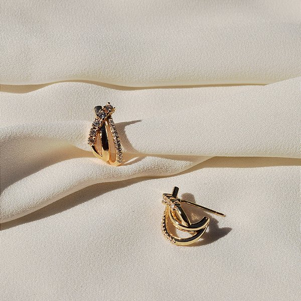 Brinco 3 aros zircônia ouro semijoia 25k06023