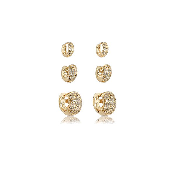 Kit 3 brincos argolinhas zircônia ouro semijoia 25a03039