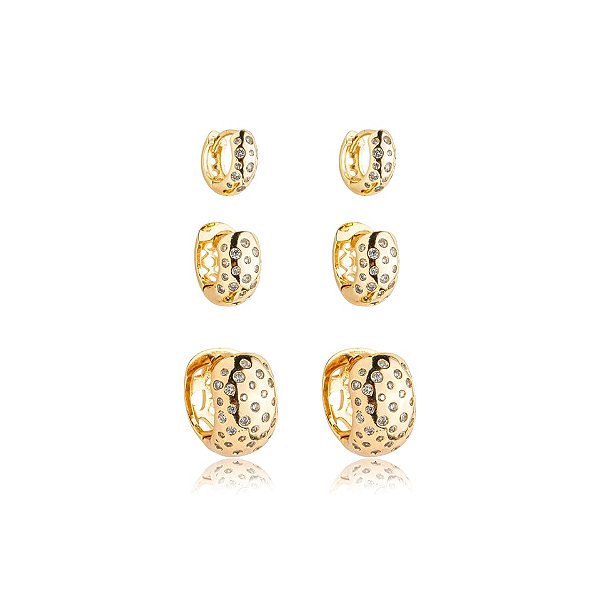 Kit 3 brincos argolinhas zircônia ouro semijoia 25a03030