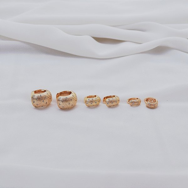Kit 3 brincos argolinhas texturizadas zircônia ouro semijoia 25a03066