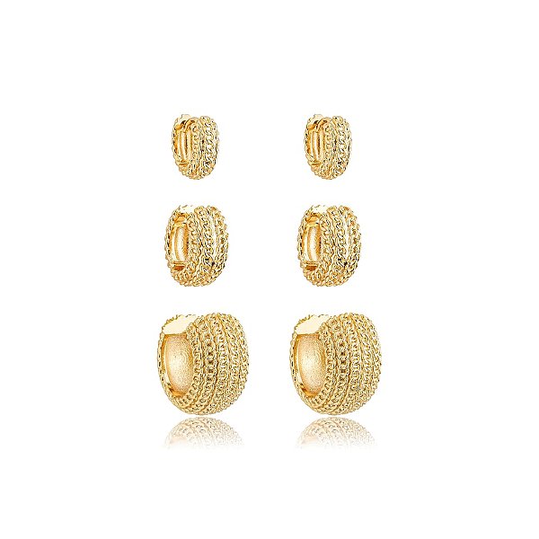 Kit 3 brincos argolinhas texturizadas ouro semijoia 25a03071
