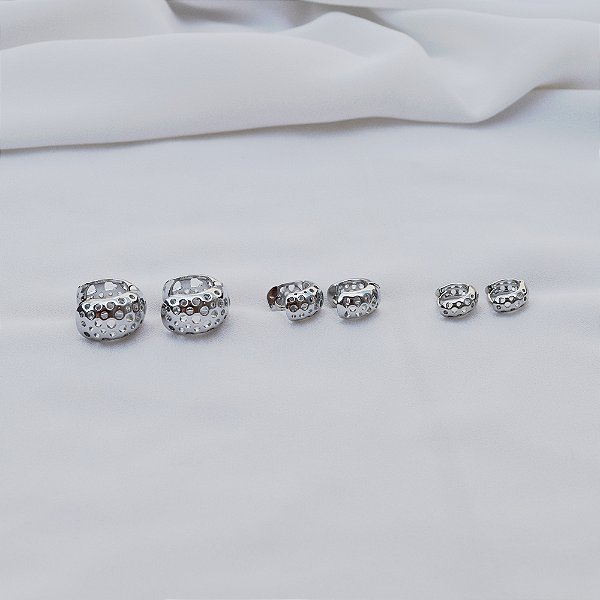 Kit 3 brincos argolinhas vazadas ródio semijoia 24a02058