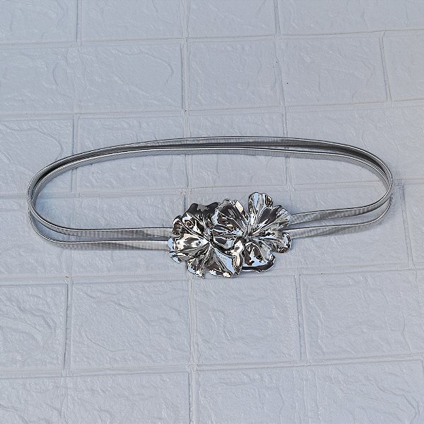 Cinto corrente malha fivela flor prateado