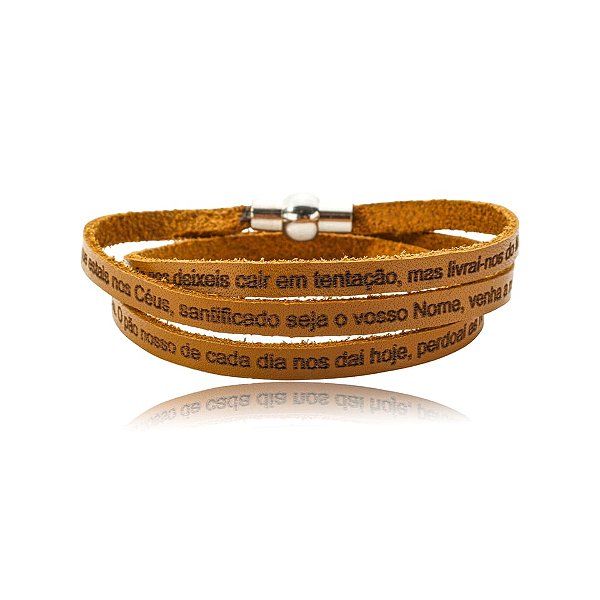 Pulseira Fernanda Villela couro caramelo oração Pai Nosso