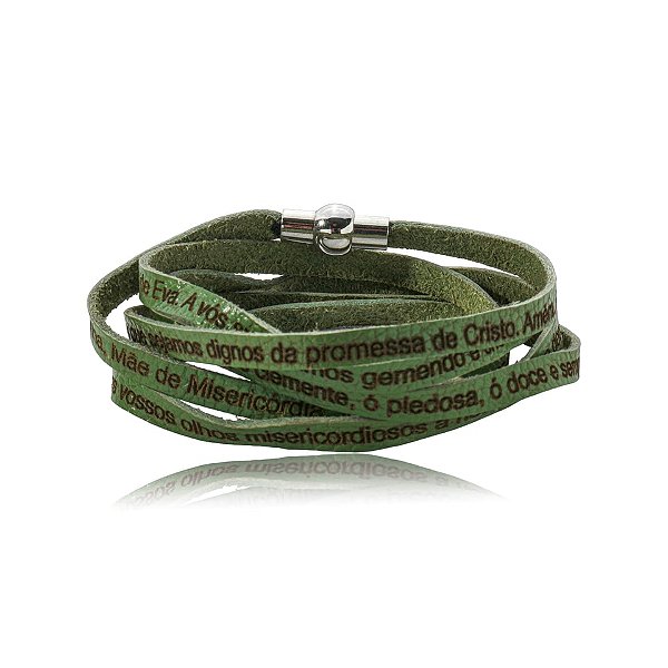 Pulseira Fernanda Villela couro verde oração Salve Rainha