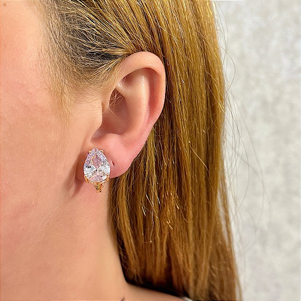 Brinco pressão gota p cristal ouro semijoia 7018805