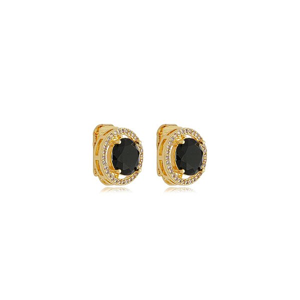 Brinco pressão redondo zircônia cristal preto ouro semijoia 7018605