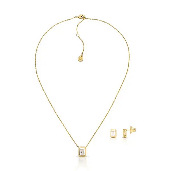 Colar e brinco retangular zircônia ouro semijoia