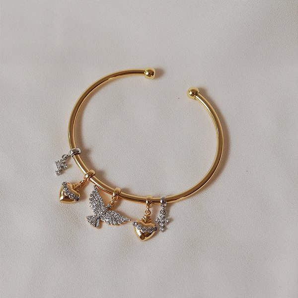 Bracelete penduricalhos Espírito Santo zircônia ouro semijoia