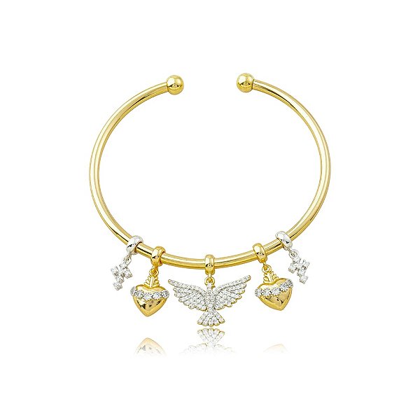 Bracelete penduricalhos Espírito Santo zircônia ouro semijoia