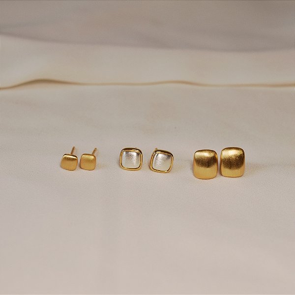 Kit 3 brincos ouro e ródio fosco semijoia