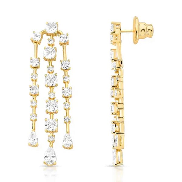 Brinco franja zircônia ouro semijoia