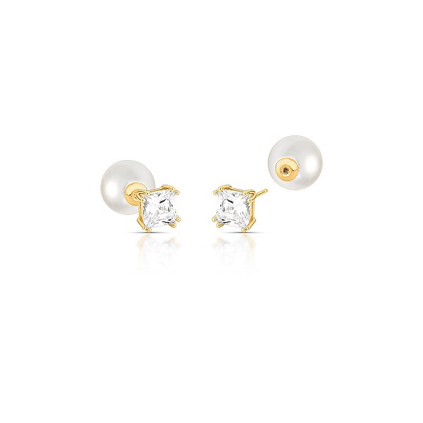 Brinco ear jacket cristal quadrado pérola ouro semijoia