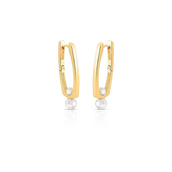 Brinco argolinha retangular pérola shell ouro semijoia