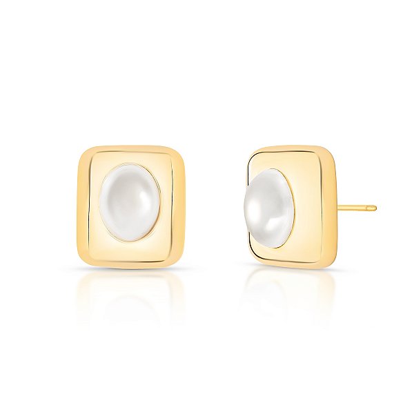 Brinco retangular pérola shell ouro semijoia