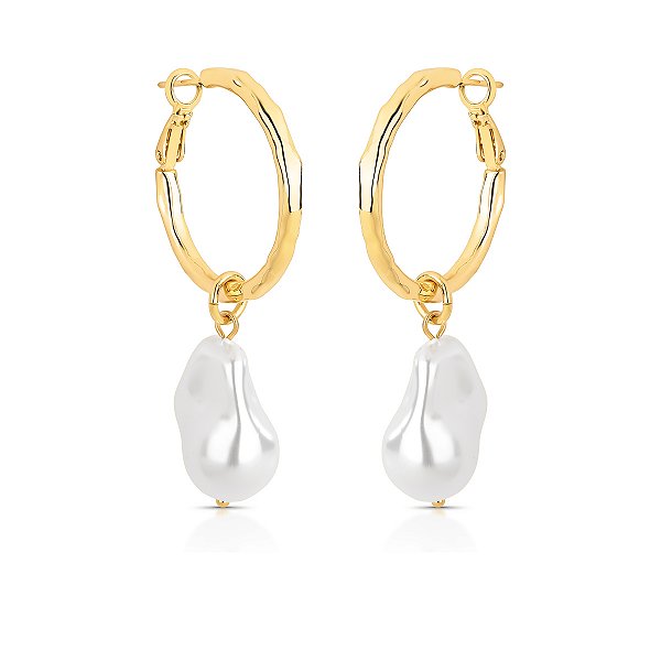 Brinco argola 2 em 1 pérola shell barroca ouro semijoia