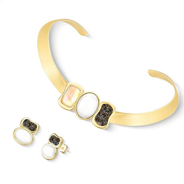 Colar e brinco pedras naturais nautilus porcelana perolada e labradorita ouro semijoia