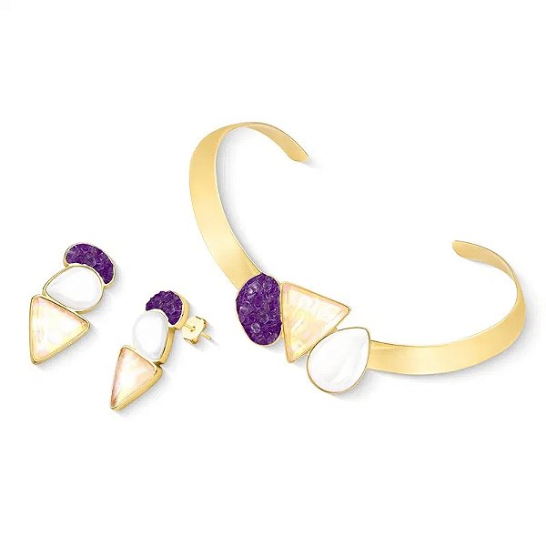 Colar e brinco pedras naturais nautilus porcelana perolada e ametista ouro semijoia