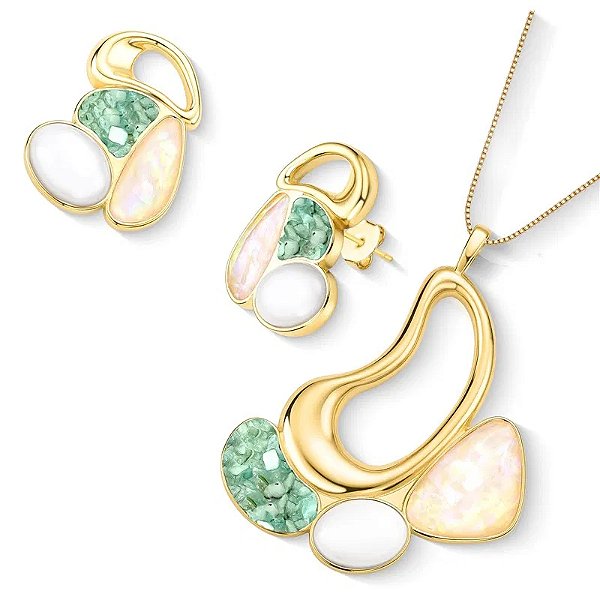Colar e brinco pedras naturais nautilus porcelana perolada e esmeralda ouro semijoia