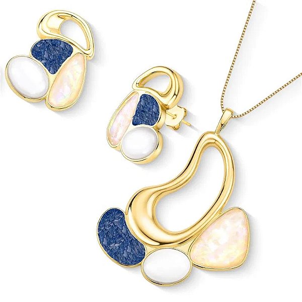 Colar e brinco pedras naturais nautilus porcelana perolada e cianita azul ouro semijoia