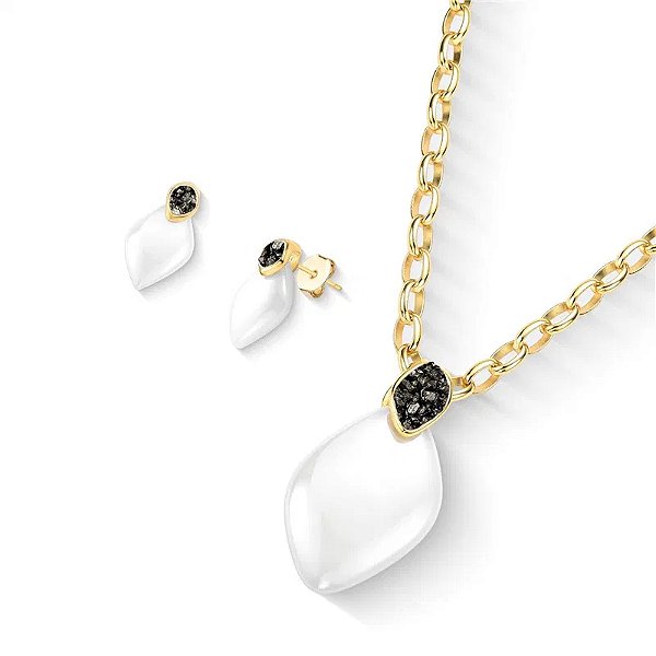 Colar e brinco pedras naturais porcelana perolada e pirita ouro semijoia