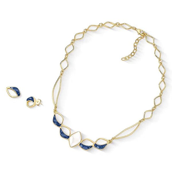 Colar e brinco pedras naturais porcelana perolada e cianita azul ouro semijoia