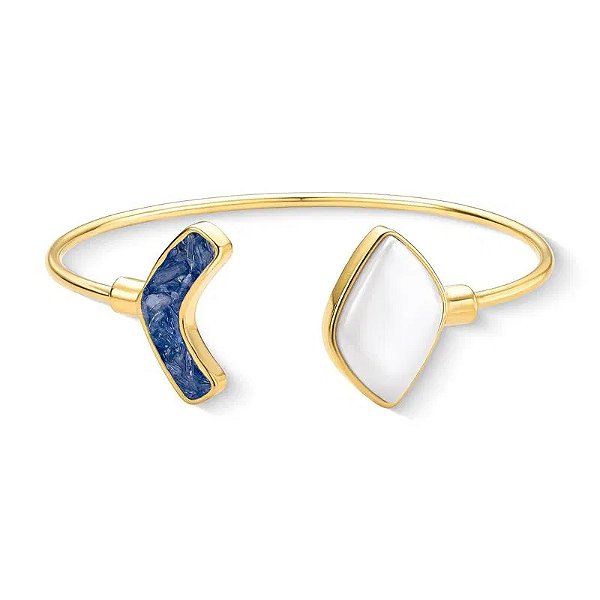 Bracelete pedras naturais porcelana perolada e cianita azul ouro semijoia