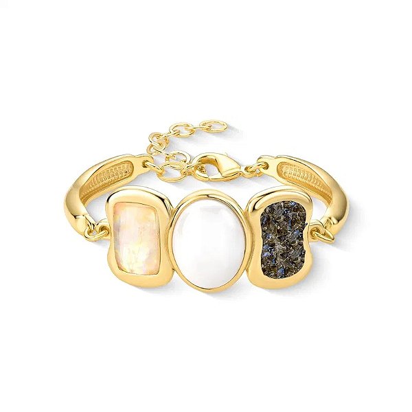Pulseira pedras naturais labradorita nautilus e porcelana perolada ouro semijoia