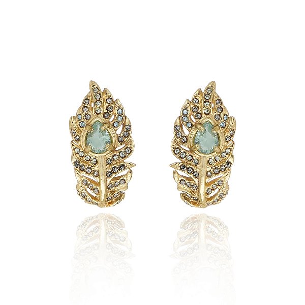 Brinco Claudia Arbex pavão cristais azul ouro vintage