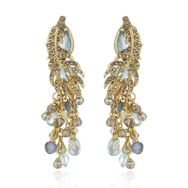 Brinco Claudia Arbex pavão cristais azul ouro vintage