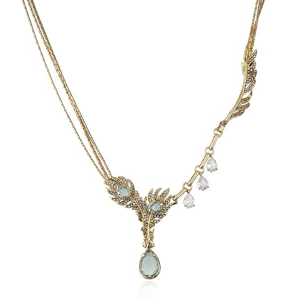 Colar Claudia Arbex pavão cristais azul ouro vintage