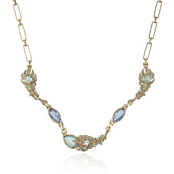 Colar Claudia Arbex pavão cristais azul ouro vintage